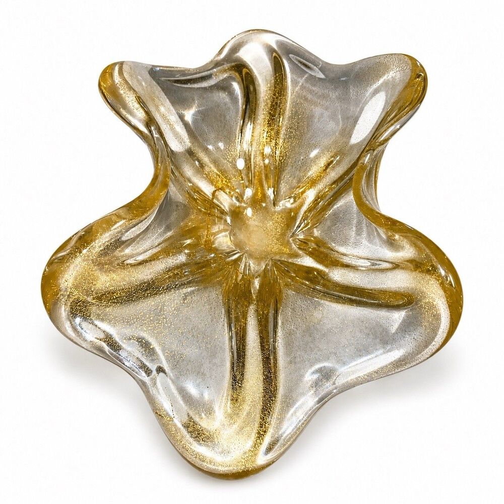 Vtg Venetian Murano Layered Bowl Ruffled Edge Gold Aventurine Flakes Italy